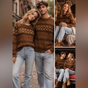 Nordic Fair Isle Vintage Y2K Knit Brown Cabin Core Sweater Cotton XS oversized